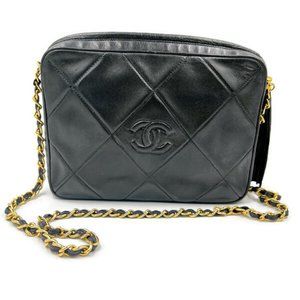 Authentic CHANEL Lambskin Black Vintage Camera Bag with Tassel